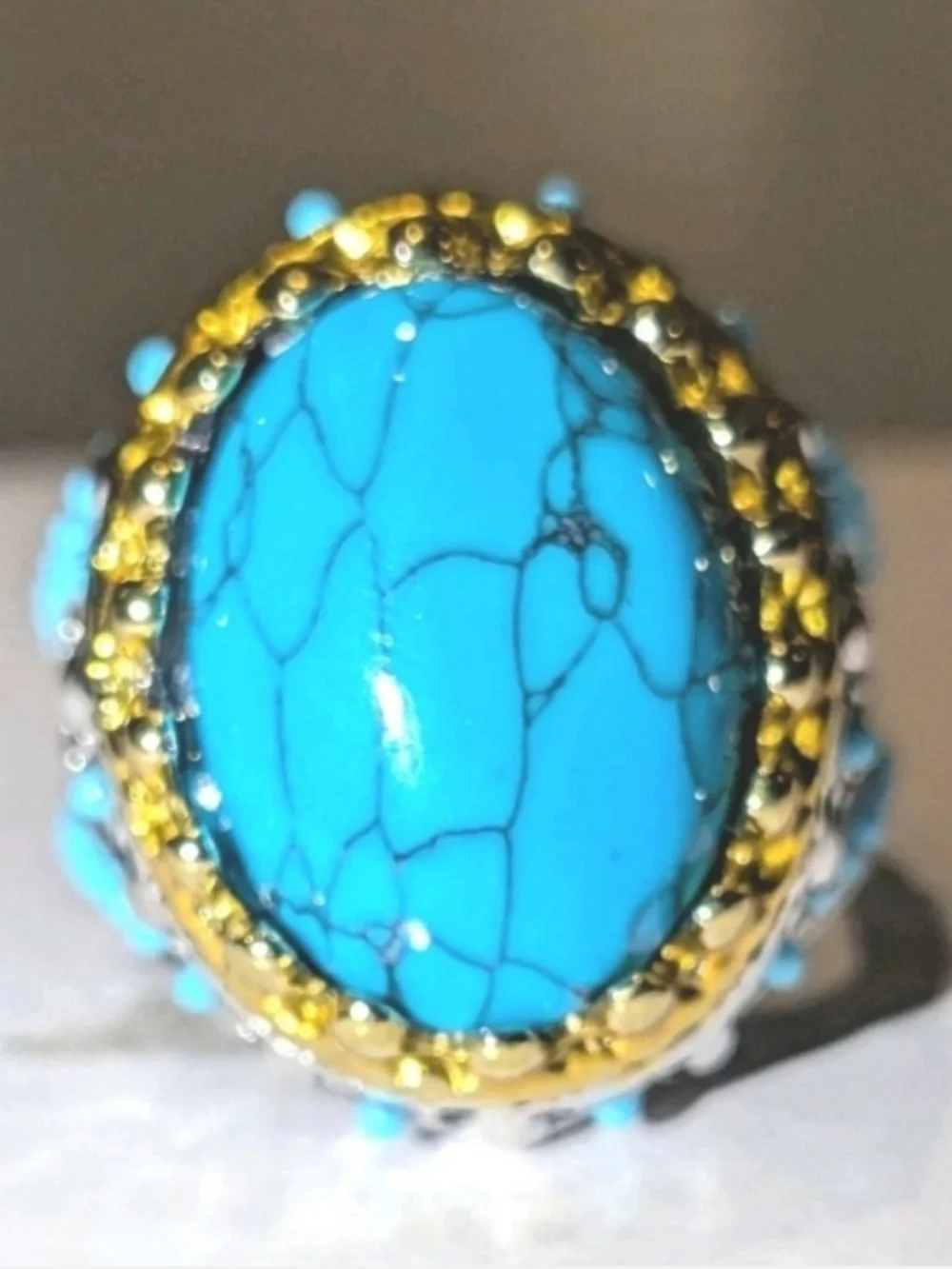 Retro Punk Style Ring Simulated Turquoise Two Tone Polished Statement Band Ring